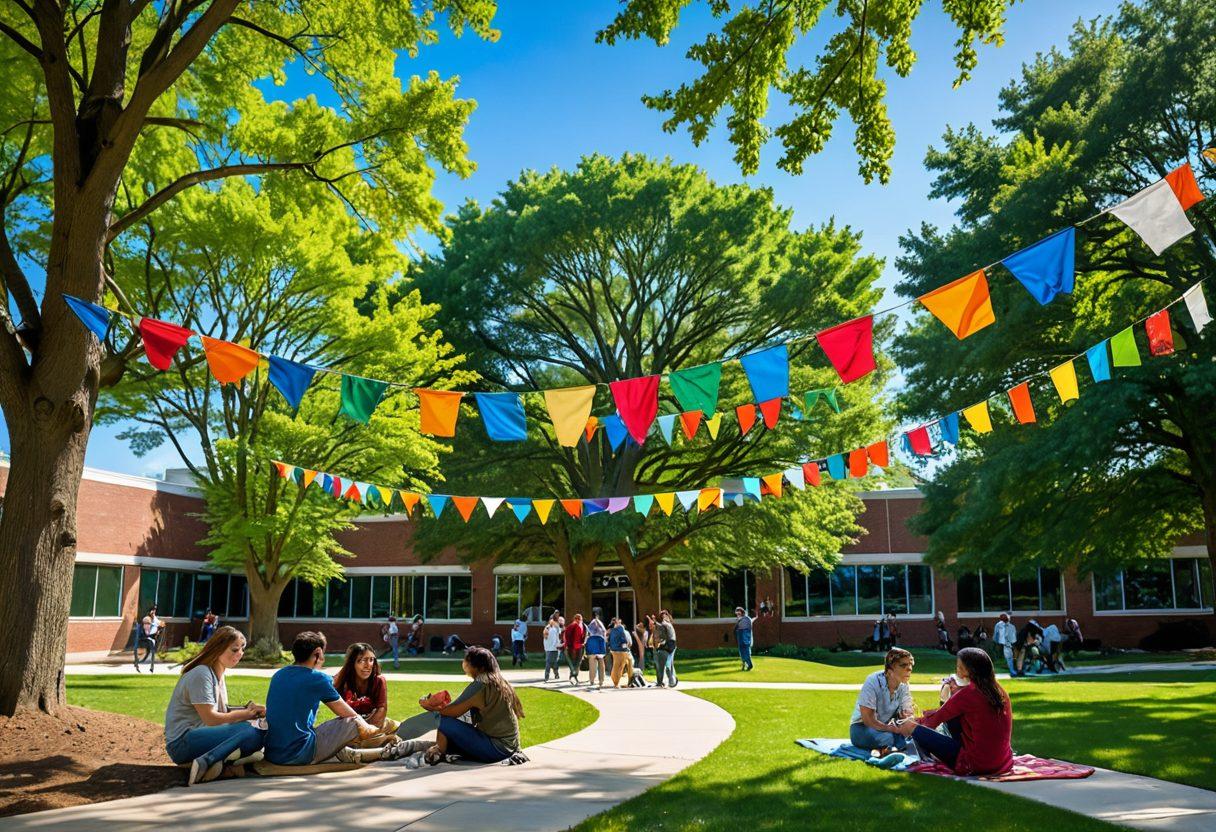 A vibrant campus scene at Rochville University, showcasing diverse students engaging in activities like group studies, laughter, and art projects. In the background, colorful banners symbolizing unity and joy are displayed across the campus. Lush green trees frame the scene, with a bright blue sky above, creating an inviting atmosphere. A sense of energy and collaboration is palpable among the students. vibrant colors. super-realistic.