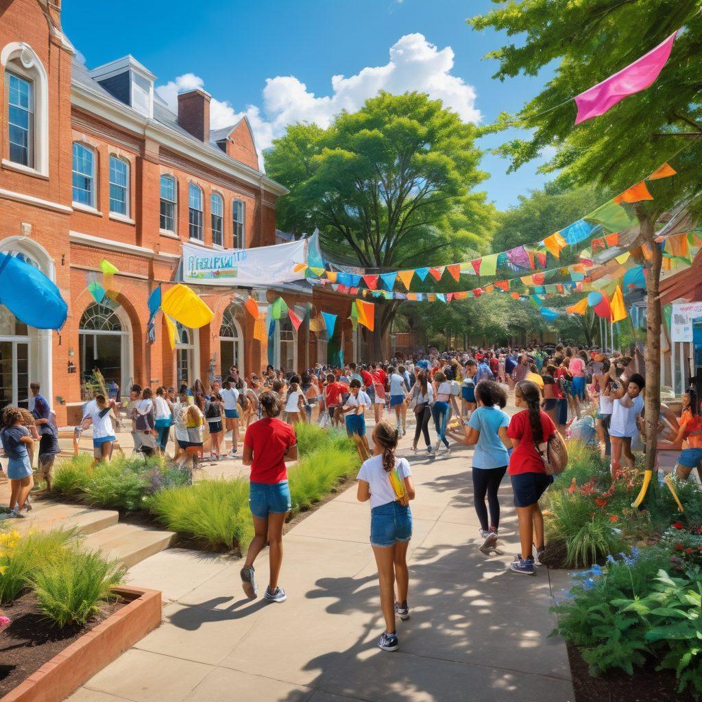 A vibrant campus scene showcasing diverse students engaging in various activities like sports, arts, and volunteering, with a backdrop of lush greenery and iconic buildings of Rochville Academy. Highlight the sense of community with students laughing, collaborating, and enjoying their time together. Incorporate elements like banners of events and colorful decorations to depict joy and engagement. super-realistic. vibrant colors. sunny atmosphere.