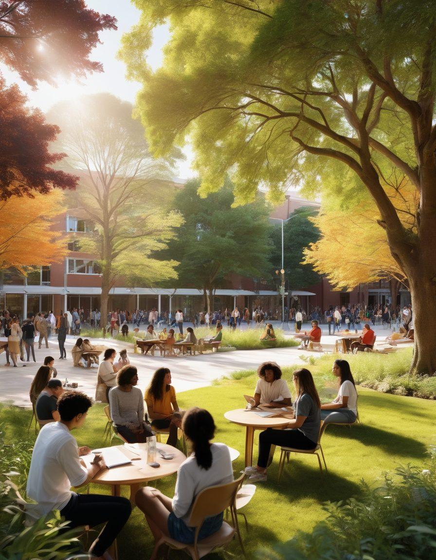 A vibrant university campus bustling with diverse students engaging in group discussions, collaborating on projects, and networking. Include elements like art installations, outdoor seating, and greenery to showcase a lively social environment. Emphasize inclusivity and innovation in higher education by illustrating students of various backgrounds and cultures. Incorporate warm sunlight filtering through trees for a welcoming atmosphere. super-realistic. vibrant colors. white background.